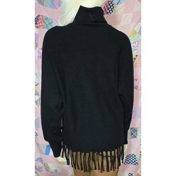 Carmen Marc Valvo Women's L Black Turtleneck Fringe‎ Hem Sweater Western Boho - Picture 2 of 6